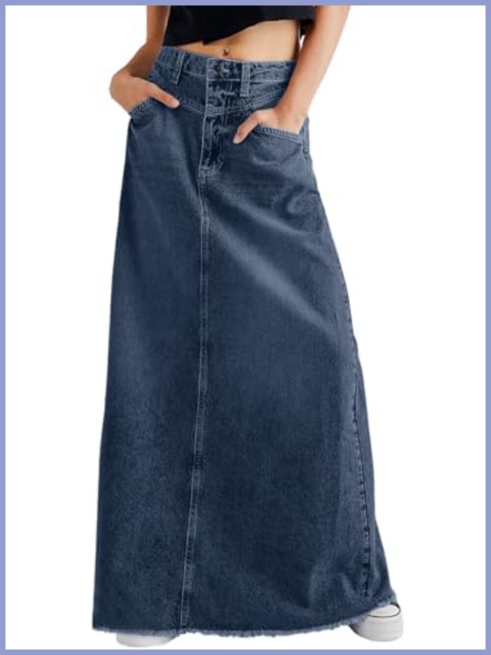 CHARTOU Women Vintage Denim Maxi Skirt Frayed Raw Hem High Waist A-Line Long
